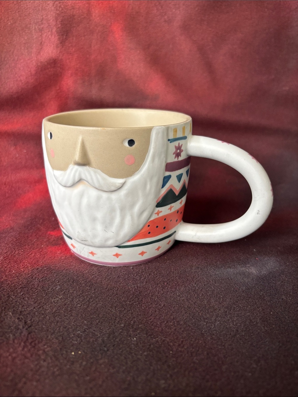 Anthropologie Fotini Tikkou Santa Face Ceramic Mug in Cream, White & Coral
